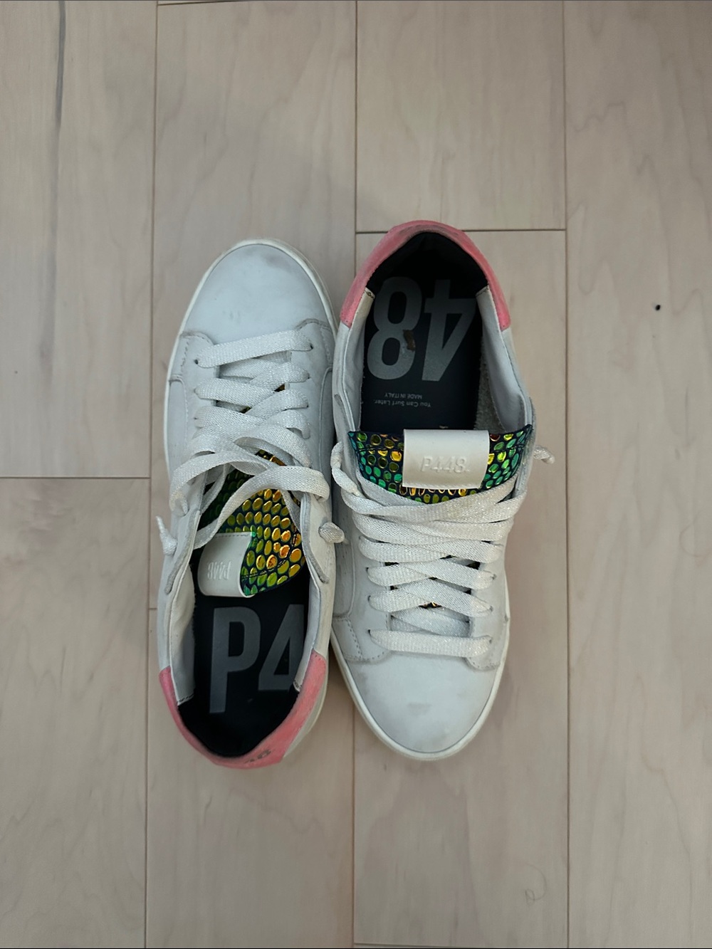 P448 White Leather Sneakers with Pink Heel and Iridescent Green Tongue